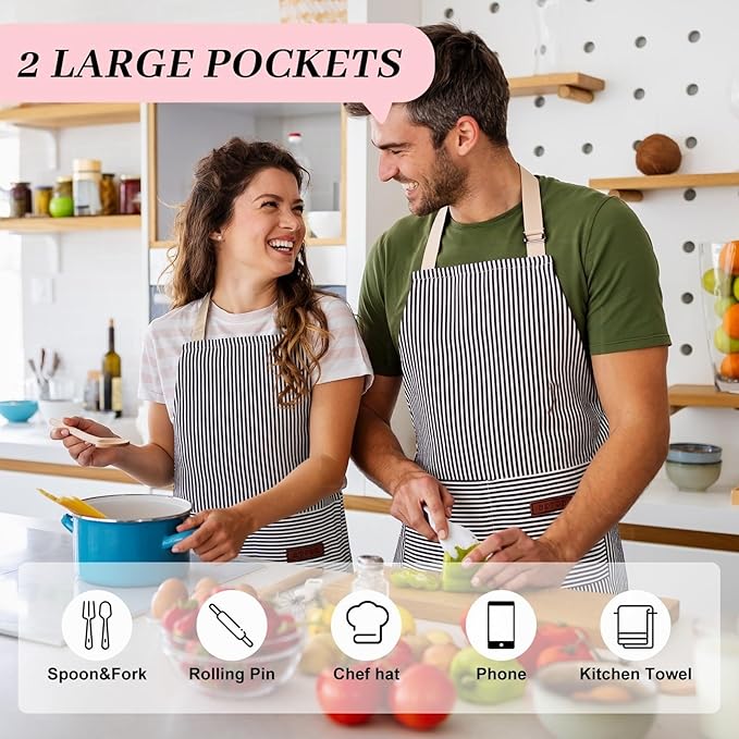2Pack Adjustable Kitchen Apron for Women Men with 2 Pockets，Cotton-Polyester Blend Bib Aprons for Cooking,Baking - Image 4