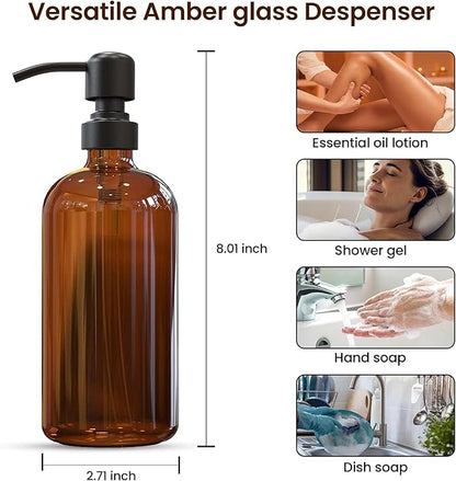 Sunrise Premium 4 Pack Amber Glass Soap Dispenser 16 OZ with Matte Black Stainless Steel Pump, Hand and Dish Soap Dispenser Set for Bathroom and Kitchen Sink with 12 Waterproof Labels - Image 3