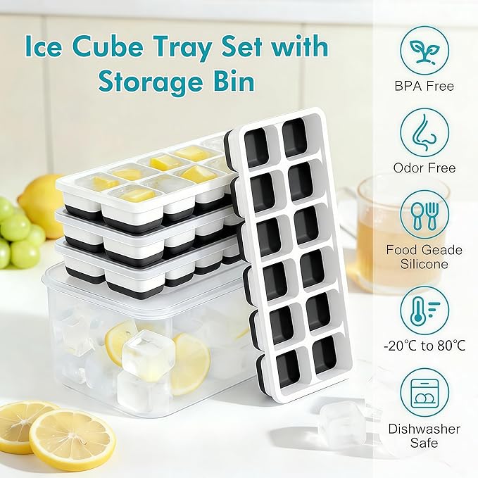 NFK Ice Cube Tray with Lid & Bin - 4 Pack 48 Cubes Stackable Silicone Trays for Freezer with Storage Container, Leak-Proof Lids, BPA-Free, Easy Release for Kitchen, RV, Party, Cocktail & Coffee - Image 2