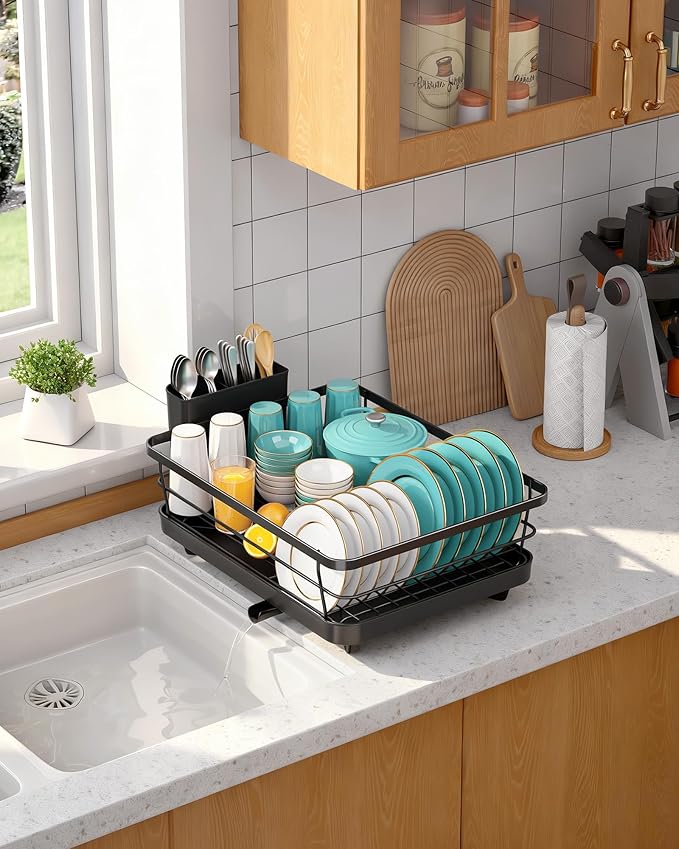 Sakugi Stainless Steel Dish Drying Rack for Kitchen Counter, Sink Organization and Storage Essentials with Silverware & Utensil Holder, Home and Apartment Decor, 12''W x 15.5''L, Black - Image 8