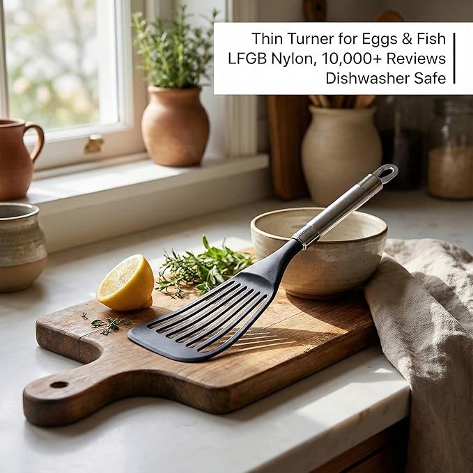 KSENDALO Fish Spatula for Nonstick Pans 2-Pack - Thin Turner for Eggs & Fish | LFGB Nylon, 10,000+ Reviews | Dishwasher Safe - Image 3