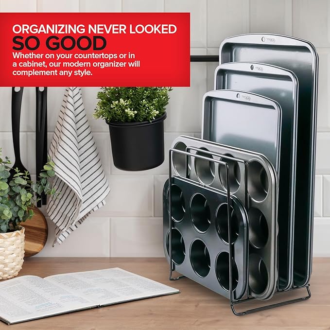 Stock Your Home Black (2 Pack) Extra Tall Steel Baking Pan Organizer Rack for Cabinet Storage or Kitchen Counter, Cookie Baking Sheet Organizer with Dividers, Muffin Tin and Cutting Board Holder - Image 7