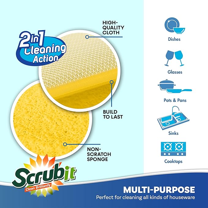 Scrub and Wipe Cleaning Pads [10 Pack] – SCRUBIT Dual Sided Scouring Pad and Sponge - Reusable Kitchen Scrubbing Sponges for Dishes, Pots, Pans Utensils & Non-Stick Cookware (Yellow) - Image 2