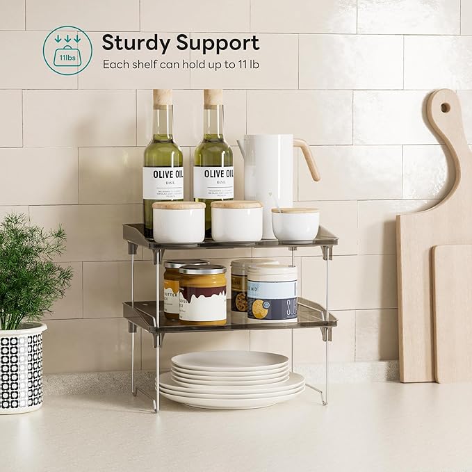 STARLATTA 2 Pcs Cabinet Organizer Shelf，Stackable Kitchen Counter Shelves, Spice Rack,Countertop Organizers，Black Plastic Storage Shelves Rack for Makeup，Bathroom, Cupboard，Desk，Pantry Organization - Image 5