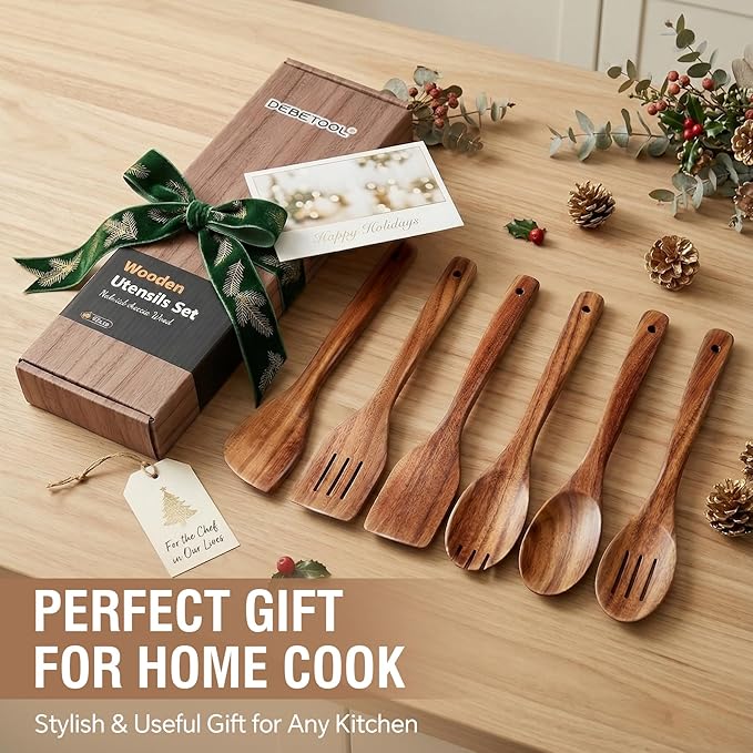 DEBETOOL 6-Piece Acacia Cooking Utensils- Natural Wooden Cooking Spoons for Non-stick & Heat Resistant, Premium Kitchen Wooden Spoon Set for Gift - Image 7