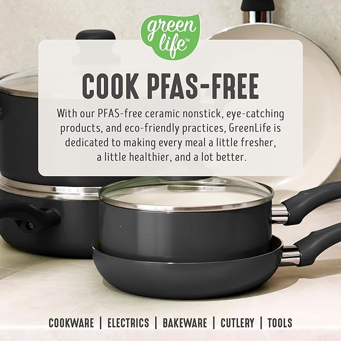 GreenLife 5 Quart Nonstick Stock Pot with Lid, Non-Toxic Ceramic Pot, Dishwasher Safe, Induction Ready, Fast Heating, Stay-Cool Handles, Kitchen Casserole, Soup, Pasta, Easy Clean, Graphite Black