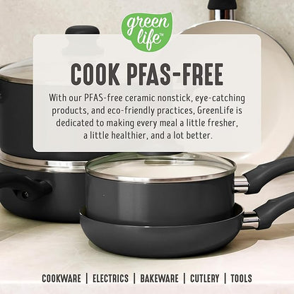 GreenLife 16-Piece Nonstick Cookware Set, Non-Toxic Ceramic Pots and Pans Set, Durable Healthy Kitchen Essentials, Fast Heating, Induction Ready, Easy Clean Dishwasher Safe, PFAS-Free, Graphite Black