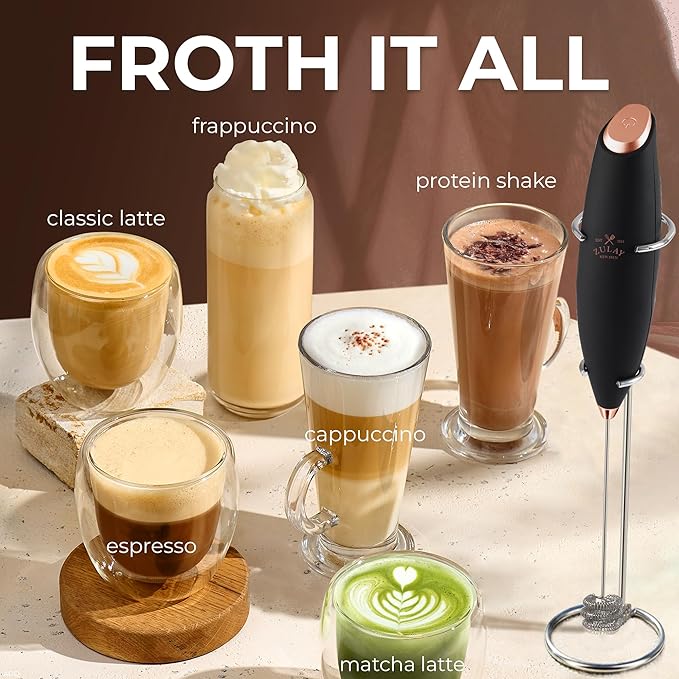 Zulay Kitchen Patented Tornado Triple Whisk Milk Frother with 4 Duracell Batteries – Handheld Foam Maker for Coffee, Lattes, Matcha & Hot Chocolate – Rich, Creamy Froth in Seconds - Black & Copper - Image 5