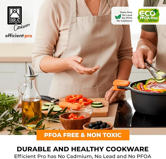 BRA COOKWARE Efficient Pro Nonstick Stock Pot w/Lid | 9.5 Inch 4.2 Quart Cooking Pot | 3-Layer Scratch Resistant Coating | PFOA Free Deep Pot | All Cooktops | Oven Safe up to 425°F (w/o Lid-Handles)