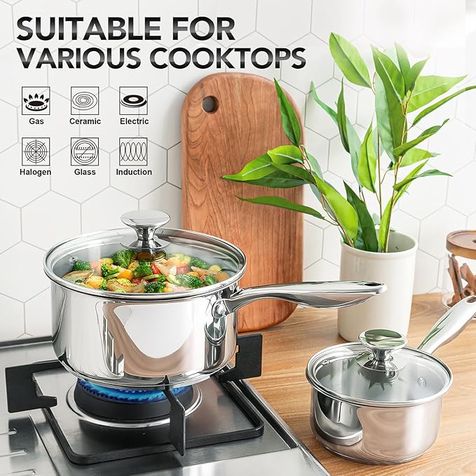 MICHELANGELO Stainless Steel Saucepan Set 1Qt & 2Qt, 18/10 Stainless Steel Pot Set, Induction Saucepan with Glass Lid, Dishwasher & Oven Safe (No Coating & Non-toxic) - Image 3