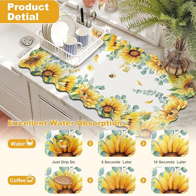 LOKHOM Scalloped Floral Dish Drying Mat, 17"x32" Super Absorbent Coffee Mat with Watercolor Yellow Sunflowers, Cuttable Hide Stain Non-slip Drying Mat for Kitchen Counter Coffee Maker Espresso Machine - Image 3