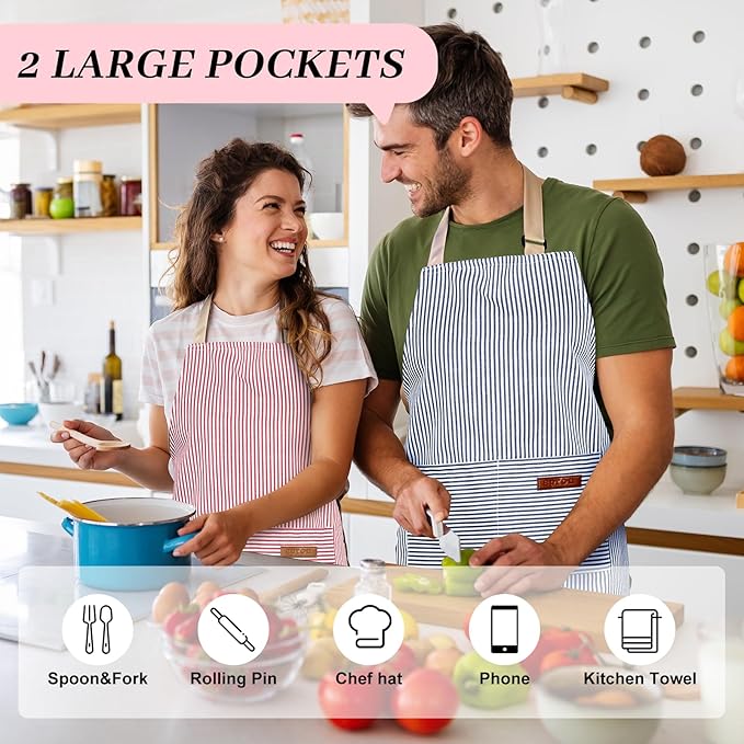 2Pack Adjustable Kitchen Apron for Women Men with 2 Pockets，Cotton-Polyester Blend Bib Aprons for Cooking,Baking - Image 4