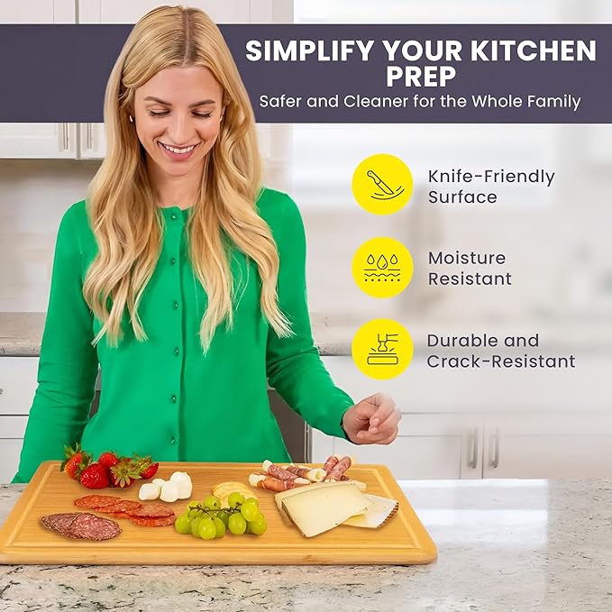 20 Inch Bamboo Wood Cutting Board Featuring Super-Sized Glue-Free Surface™ – Heavy Duty Butcher Block for Safe Meal Prep, Chopping & Carving with Lifetime Replacements - Rectangle - Image 5