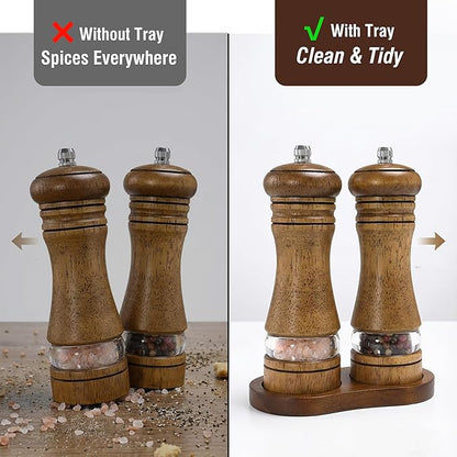 Wooden Salt and Pepper Grinder Set, Premium Oak Wood Salt Grinders Shakers, Pepper Mill with Acrylic Clear Window, Adjustable Ceramic Grinder (6″ - 2 Packs with Tray)