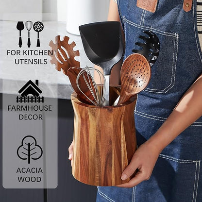 Wooden Utensil Holder for Countertop, 360° Rotating Kitchen Utensil Holder, 7.2"x 6" Large Acacia Wood Crock, Farmhouse Kitchen Decor - Image 5