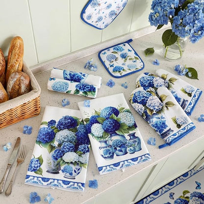 Fanfanwin 10 Pcs Chinoiserie Blue White Hydrangea Kitchen Decor Set Blue and White Chinese Floral Dish Towels Rugs Oven Mitts Pot Holders for Cooking Baking Mom Gift Home Hydrangea Decor