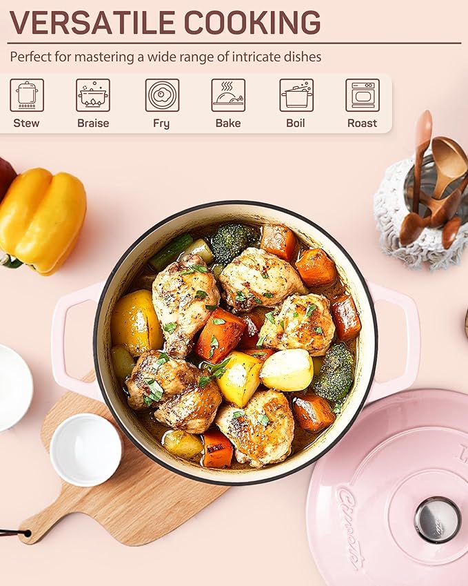 Ciwete Enameled Cast Iron Dutch Oven – 4.4 Quart Pot with Lid & Potholders – Heavy-Duty Cookware for Bread Baking, Braising, Stews & Roasting – Oven & Stovetop Safe up to 500°F – Pink