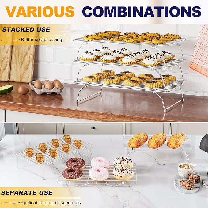 3 Tier Stackable Cooling Rack for Batch Cooling Cookie, Pizza, Cake-15.8”x 10”- Heavy Duty Cooling Racks for Cooking and Baking, Oven and Dishwasher Safe Baking Supplies-Silver - Image 5