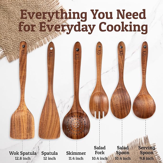 PriorityChef Wooden Spoons for Cooking, Premium 6pc Teak Wood Utensil Set with Hanging Hooks - Image 4