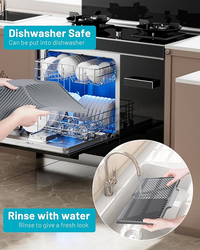 Dish Drying Mat Kitchen Counter - Silicone Dish Drying Pad with Built-in Drain for Sink, Refrigerator and Drawer Liner, Easy Clean, Non-Slip, Heat Resistant, 14.8" x 10.7" - Image 5