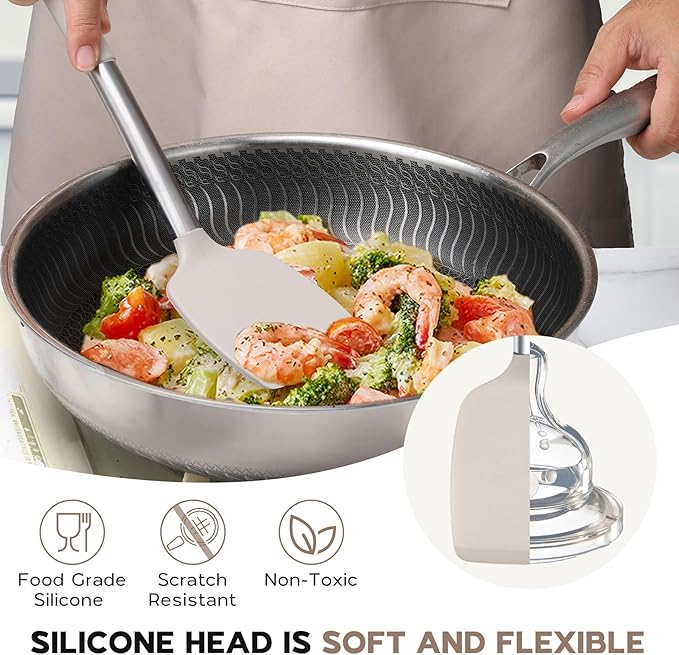 Onader Silicone Cooking Utensils Set of 15, Kitchen Utensils Set with Holder for Nonstick Cookware, 446°F Heat Resistant Stainless Steel Handle - Khaki - Image 6