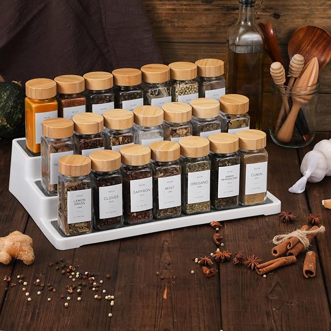 NETANY 24 Pcs Glass Spice Jars with Bamboo Lids, 4 oz Glass Jars with Minimalist Farmhouse Spice Labels Stickers, Collapsible Funnel, Seasoning Storage Bottles for Spice Rack, Cabinet, Drawer - Image 6