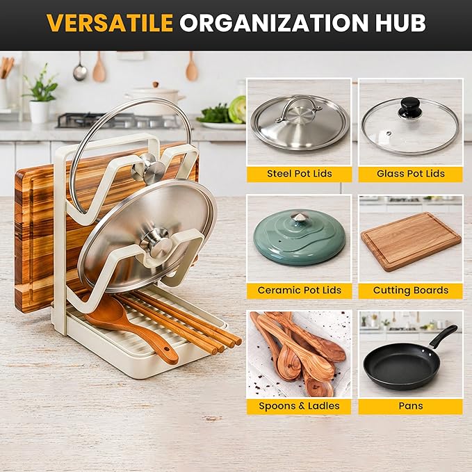Pot Lid Holder with Removable Drip Tray, Multifunctional Double Layer Pot Lid Organizer for Countertop, Kitchen Pot Lid Storage Rack for Covers, Cutting Boards, Utensils (OFF-White) - Image 4