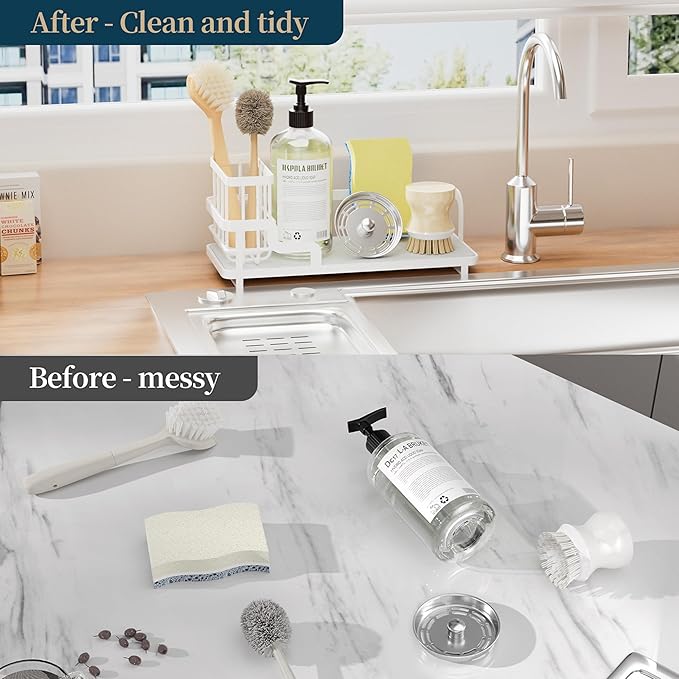 Consumest Sponge Holder for Kitchen Sink - Sink Caddy Organizer with Water Absorbing Stone Tray, Detachable Brush Holder, Stainless Steel Kitchen Counter Organizer Rack, White - Image 4