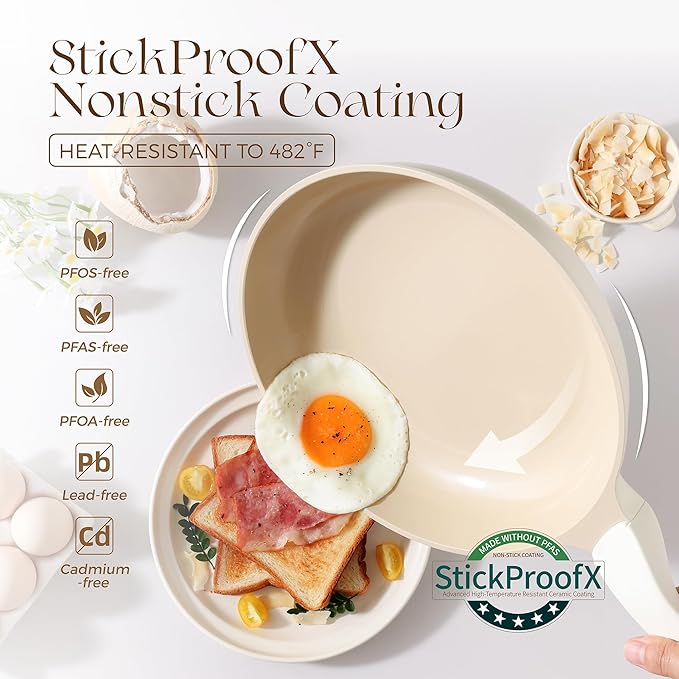 PRICUSIS Nonstick Ceramic Frying Pan with Lid, 8/10 Inch Skillet with Stay Cool Handle, Fully Coated, 100% Dishwasher Safe, PTFE PFAS & PFOA Free (10 Inch, Coconut White - Image 7