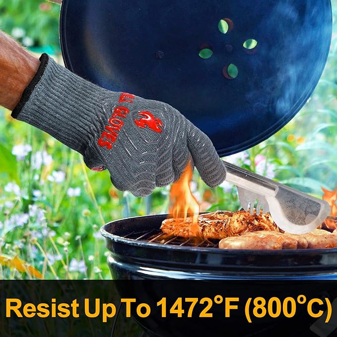QUWIN BBQ Gloves, Oven Gloves 1472℉ Extreme Heat Resistant, Grilling Gloves Silicone Non-Slip Oven Mitts, Kitchen Gloves for BBQ, Grilling, Cooking, Baking-1 Pair… (Grey, One Size Fits Most) - Image 2