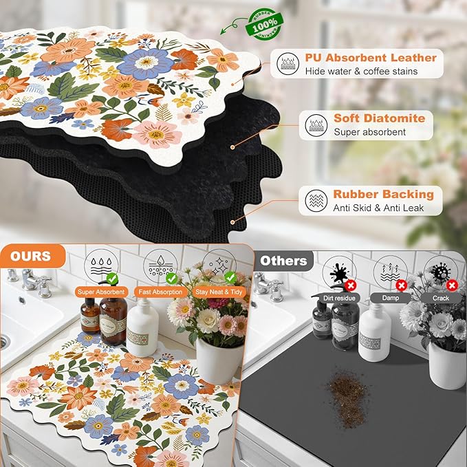 LOKHOM Scalloped Floral Dish Drying Mat, 18"x24" Super Absorbent Coffee Mat with Unique Spring Wildflowers, Cuttable Hide Stain Non-slip Drying Mat for Kitchen Counter Coffee Maker Espresso Machine - Image 6