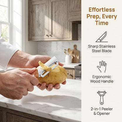 2pcs Stainless Steel Vegetable Peeler with Wooden Handle, Sharp Fruit Peeler for Kitchen, Multifunctional Potato Peeler with Can Opener, Ergonomic Non-Slip Grip for Home Cooking, Restaurant, Camping - Image 4