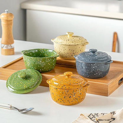Individual Serving Pot Set of 4-10 Oz Ceramic Mini Cocotte with Handles & Lids - Great for Souffle, Soup, Cobbler, Stoneware Baking Ramekins, Oven Compatible,Gray