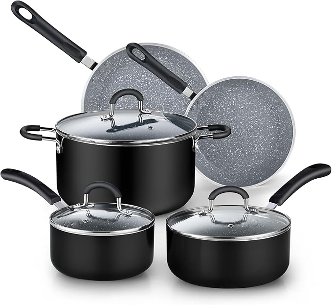 Cook N Home Pots and Pans Nonstick Kitchen Cookware Sets include Saucepan Frying Pan Stockpots 8-Piece, Heavy Gauge, Stay Cool Handle, Marble by CookNHome