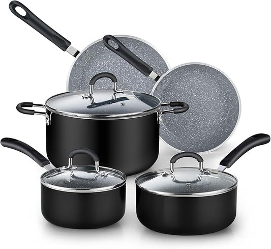 Cook N Home Pots and Pans Nonstick Kitchen Cookware Sets include Saucepan Frying Pan Stockpots 8-Piece, Heavy Gauge, Stay Cool Handle, Marble by CookNHome