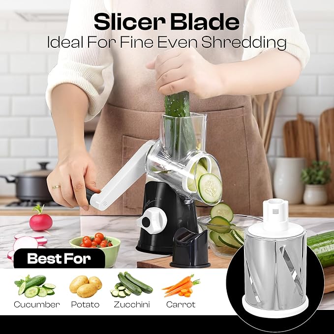 Rotary Cheese Grater Hand Crank - Cheese Shredder Hand Crank with Handle, Vegetable Shredder with 3 Stainless Steel Blades & Strong Suction Base – Round Slicer & Food Chopper for Kitchen - Image 3