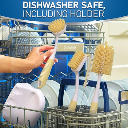 Dish Brush Set of 5 with Holder - Kitchen Scrub Brushes with Non-Slip Long Handle for Cleaning, Scrubber, Dishwashing, Dishes, Bottles, Straws, Cups, Pots & Sink, Baige - Image 7