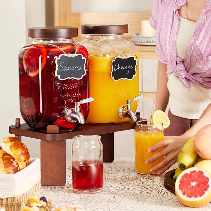 2PCS Large Drink Dispensers for Parties,Glass Beverage Dispenser with Wood Stand,Lemonade Drink Dispenser with Stainless Steel Spigot for Fridge,Water, Juice,Punch,Cocktails,Ice Tea & Sun Tea - Image 5
