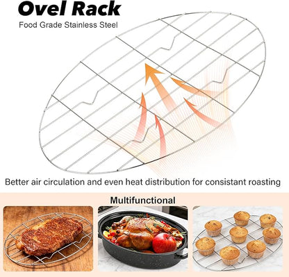 18” Roaster Pan with Lid and Rack, Large Enamel Roaster Pan with Oval Roasting Rack, Granite Baking Pot for Chicken Turkey Lamb, Heat Resistant, Oven/Dishwasher/All Stovestops Compatible