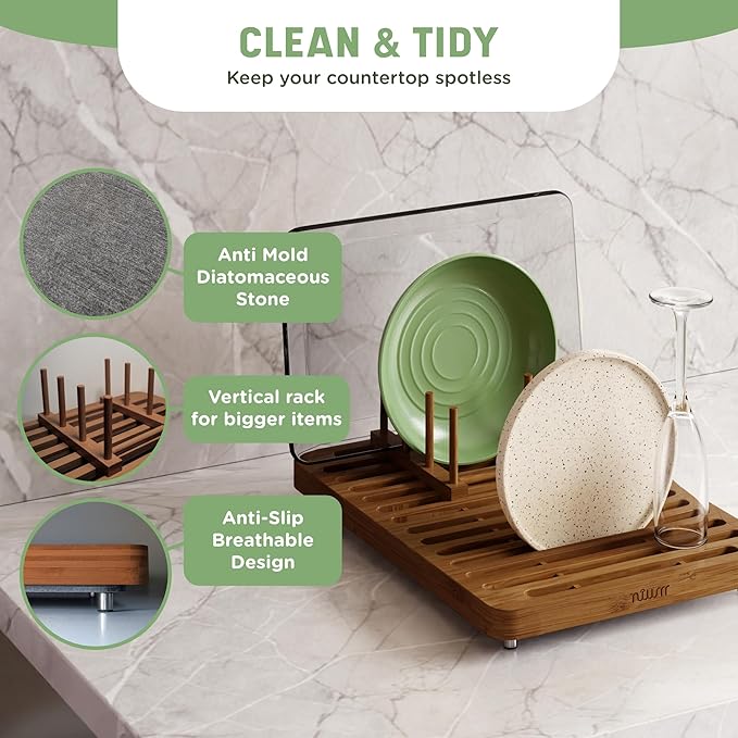 NIUM Stone Drying Mat for Kitchen Counter & Bamboo Rack - 16″x12″ - Diatomaceous Earth Dish drying mat Ultra Absorbent & Fast Drying - EcoFriendly with Non-Slip Pads & Anti-Moisture Design - Image 2