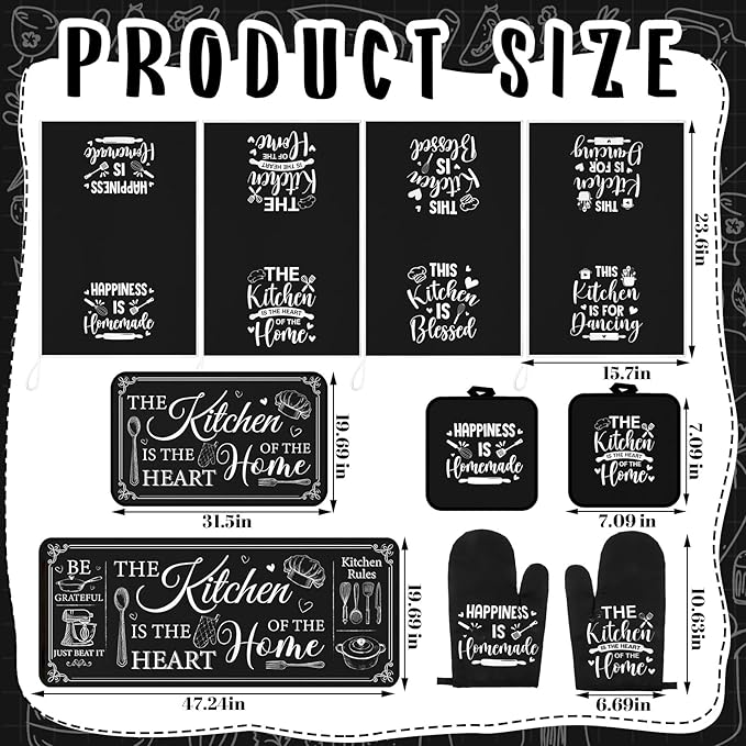 Fourluoo 10 Pcs Farmhouse Kitchen Decor and Accessories Set 4 Kitchen Towels 2 Pot Holders 2 Oven Mitts 2 Rugs for Cooking Baking Mom Housewarming Gifts(Black,Classic Style) - Image 3