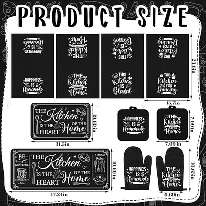 Fourluoo 10 Pcs Farmhouse Kitchen Decor and Accessories Set 4 Kitchen Towels 2 Pot Holders 2 Oven Mitts 2 Rugs for Cooking Baking Mom Housewarming Gifts(Black,Classic Style) - Image 3