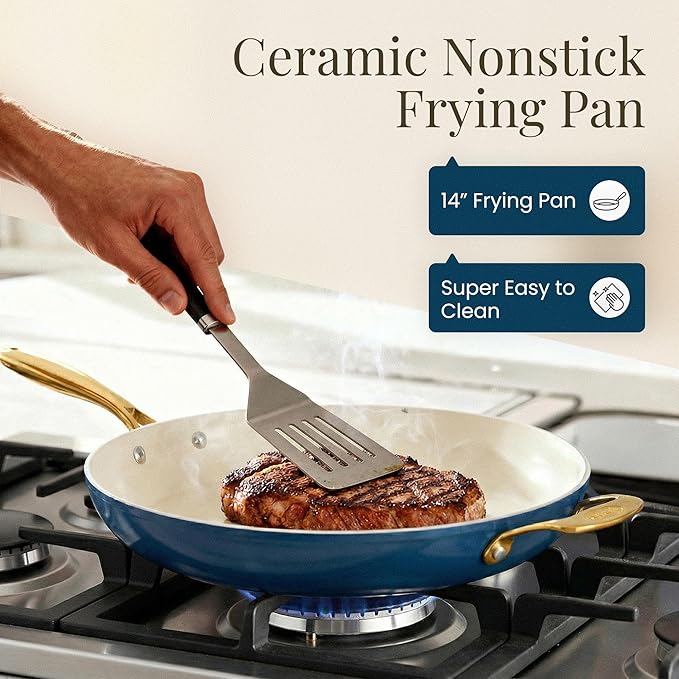 Gotham Steel 14 Inch Non Stick Frying Pans, Family Sized Non Stick Skillet, Large Frying Pan Nonstick Frying Pan, Induction Pan, Nonstick Pan for Cooking, Oven Safe Skillet, Dishwasher Safe–Cream Navy
