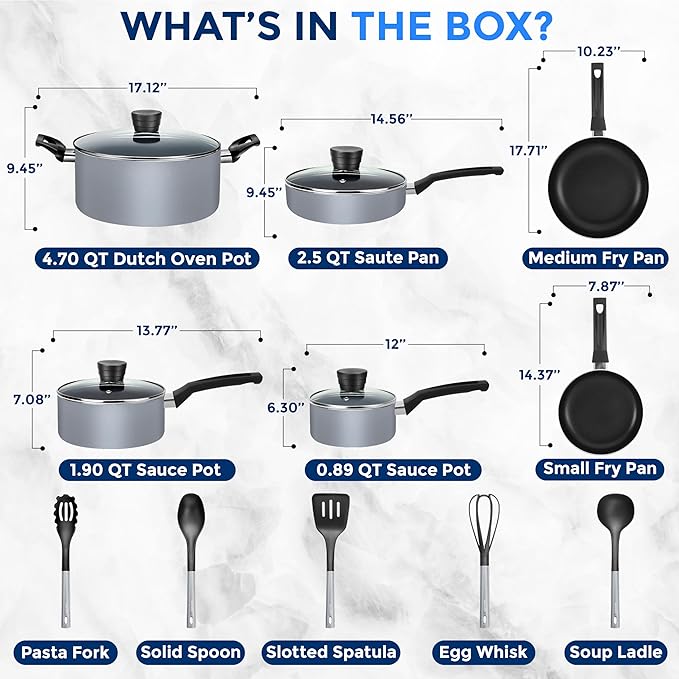 SereneLife Kitchenware Pots & Pans Basic Kitchen Cookware, Black Non-Stick Coating Inside, Heat Resistang Lacquer (11 Piece set), One Size, Gray - Image 3