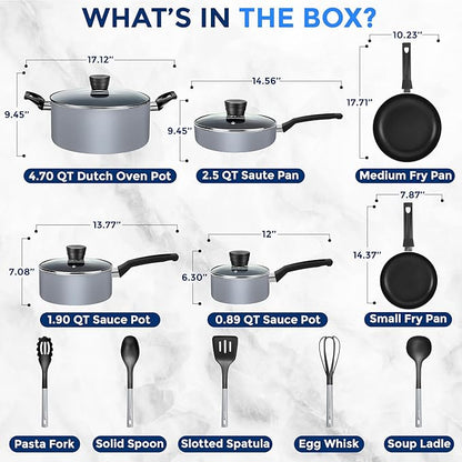 SereneLife Kitchenware Pots & Pans Basic Kitchen Cookware, Black Non-Stick Coating Inside, Heat Resistang Lacquer (11 Piece set), One Size, Gray - Image 3
