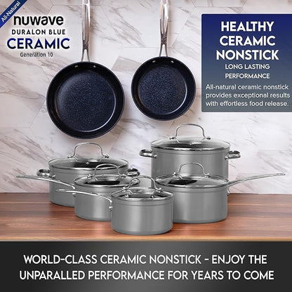 Nuwave Healthy Duralon Blue Ceramic Nonstick Cookware Set, Diamond Infused Scratch-Resistant, PFAS Free, Dishwasher & Oven Safe, Induction Ready & Evenly Heats, Tempered Glass Lids & Stay-Cool Handles - Image 8