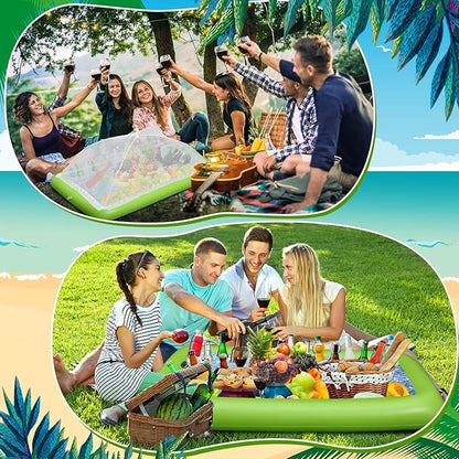 Leitee 3 Pcs Inflatable Serving Bar Kit Includes Salad Buffet Tray with Drain Plug Mesh Food Cover Food Drink Containers and Inflator for Ice Supplies Halloween Party Camping Picnic(Green)