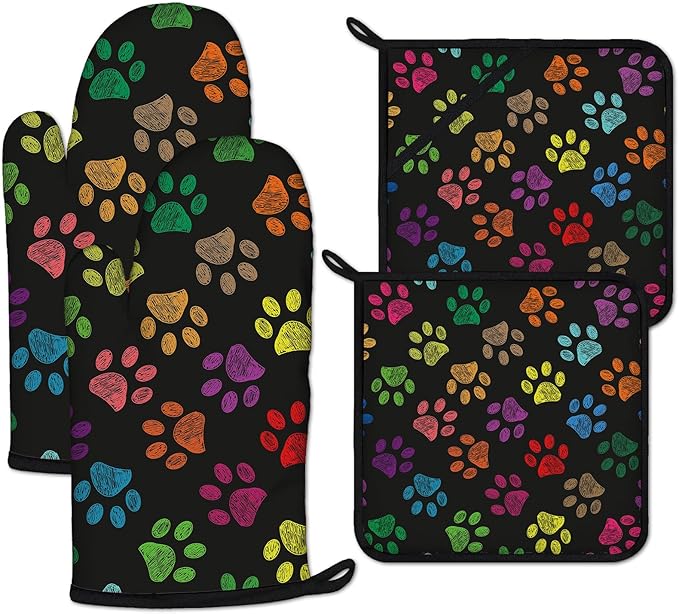 Colorful Paw Print Oven Mitts and Pot Holders Sets Heat Resistant 4Pcs Potholders Oven Gloves Hot Pads for Kitchen Baking Cooking Grilling BBQ