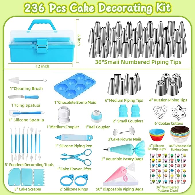 Suuker Cake Decorating Tools Supplies Kit, 236 Pieces Baking Accessories with Storage Case, Frosting Piping Kit, Piping Bags and Tips Set with 36 Numbered Piping Tips, Pastry Bags for Cake - Image 7