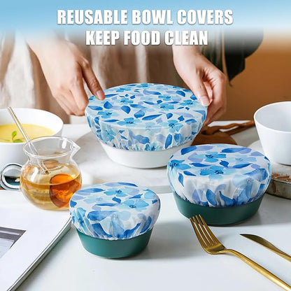 wegreeco Elastic Reusable Bowl Covers for Bread Proofing, Fabric Cloth Sourdough Bowl Covers for Proofing - Set of 3, Blue Flower